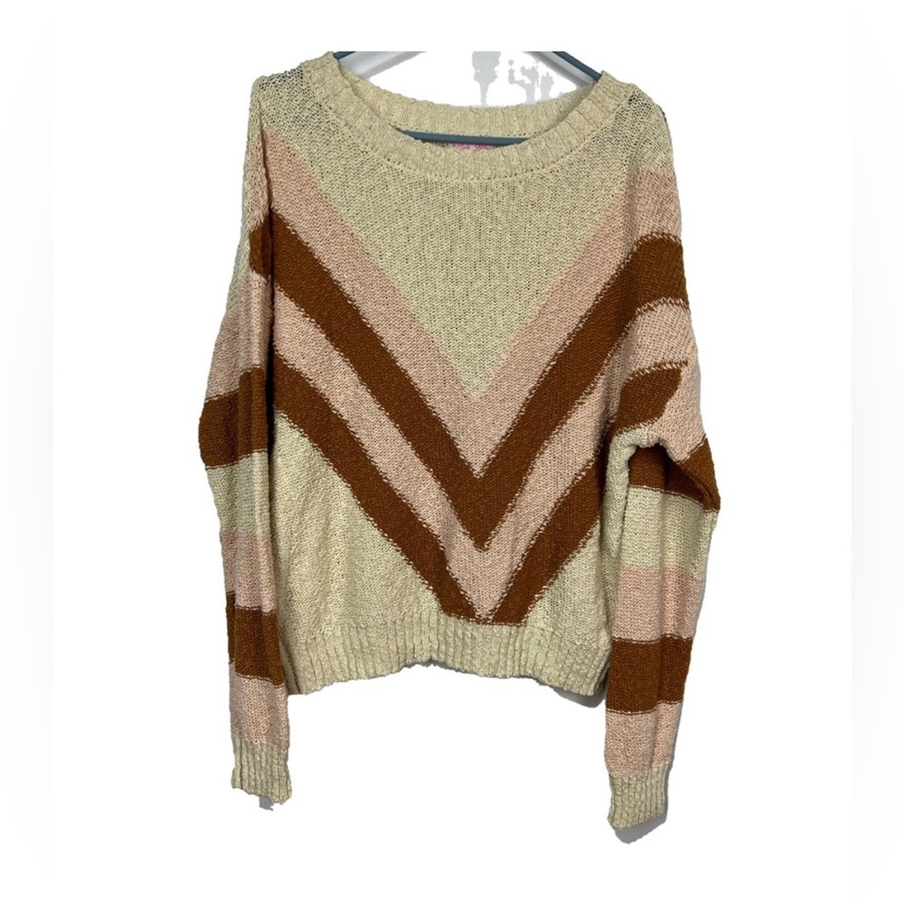Pink Lily Chevron Knit Colorblock Sweater Size Small 100% Cotton Brown Pink Beig